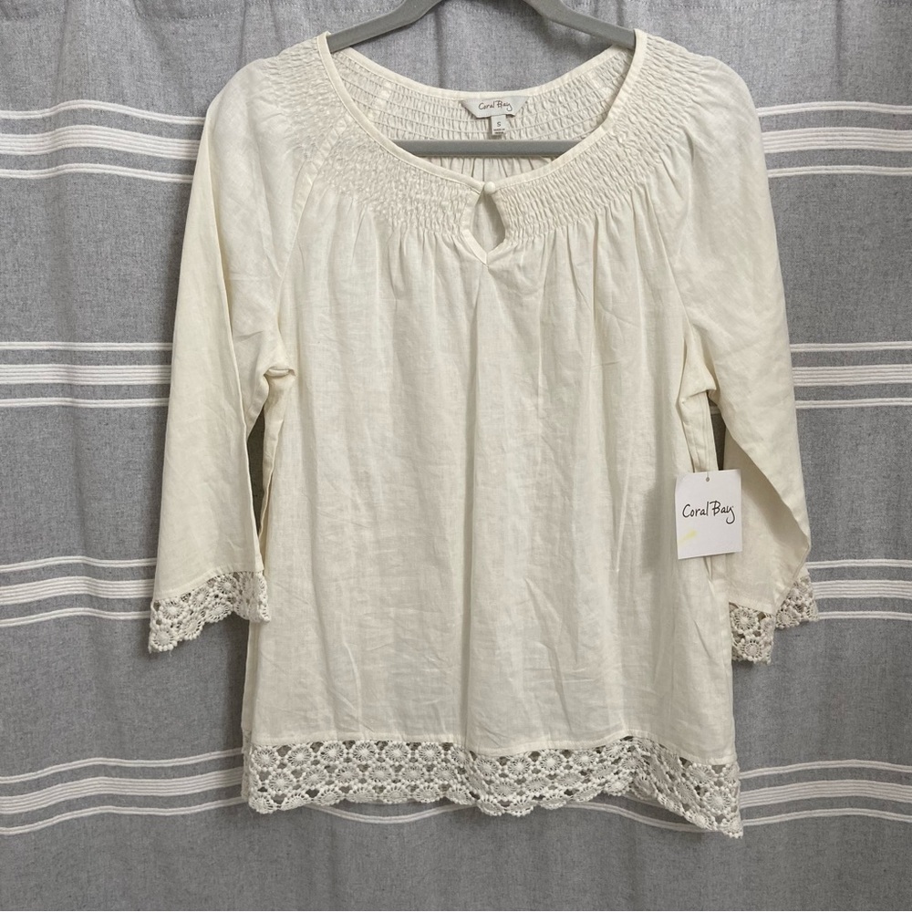 NWT CORAL BAY / Linen Blend 3/4 Sleeve Blouse Size S